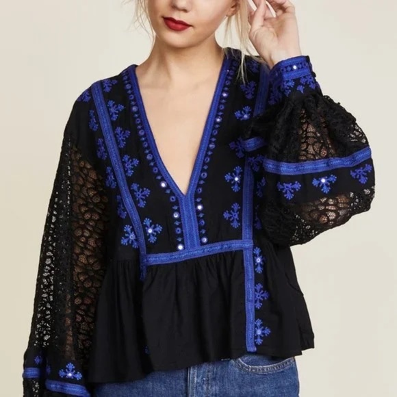 Free People BOOGIE ALL NIGHT Balloon LACE Blouse Post Sleeve sz MEDIUM - Picture 9 of 9